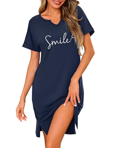 Jahetuul Nachthemd Damen Herz Smile Print V-Ausschnitt Baumwolle Schlafshirt Kurzarm Schlafkleid locker Nachtwäsche Nachthemden für Damen Negligee von Jahetuul