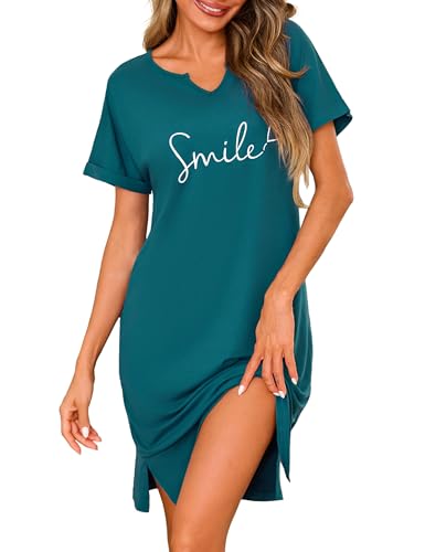 Jahetuul Nachthemd Damen Herz Smile Print V-Ausschnitt Baumwolle Schlafshirt Kurzarm Schlafkleid locker Nachtwäsche Nachthemden für Damen Negligee von Jahetuul