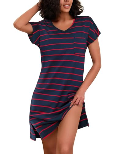 Jahetuul Nachthemd Damen Kurzarm gestreift Nachthemden Baumwolle Sommer locker Schlafshirt Mädchen Nachthemd Flügelärmel Nachtwäsche mit Brusttasche von Jahetuul