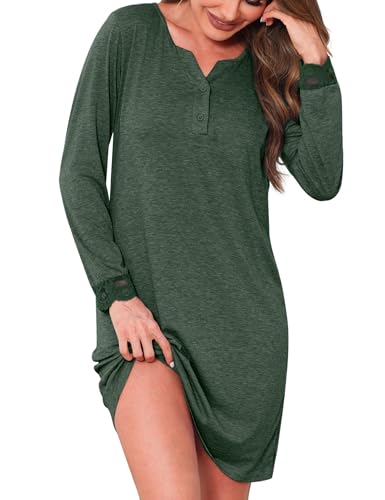 Jahetuul Nachthemd Damen Langarm Baumwolle Nachthemden für Damen lang Schlafshirt Spitze Sleepshirt Winter Nachtwäsche Frauen Nachtkleid mit Knopf von Jahetuul