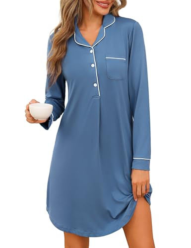Jahetuul Nachthemd Damen Langarm Baumwolle Nachtwäsche Winter Stillnachthemd Knopfleiste Schlafshirt Hauskleid lang Negligee Schlafkleid Nachthemden von Jahetuul