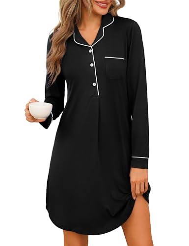 Jahetuul Nachthemd Damen Langarm Baumwolle Nachtwäsche Winter Stillnachthemd Knopfleiste Schlafshirt Hauskleid lang Negligee Schlafkleid Nachthemden von Jahetuul