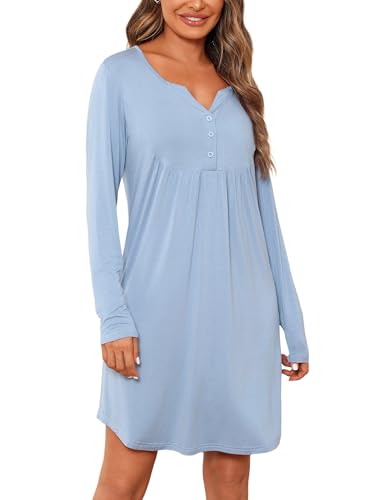 Jahetuul Nachthemd Damen Langarm Nachtwäsche warm Schlafshirt Baumwolle lang Negligee Stillnachthemd mit Knopfleiste locker Schlafkleid Nachthemden von Jahetuul
