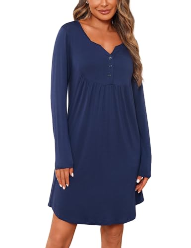 Jahetuul Nachthemd Damen Langarm Nachtwäsche warm Schlafshirt Baumwolle lang Negligee Stillnachthemd mit Knopfleiste locker Schlafkleid Nachthemden von Jahetuul