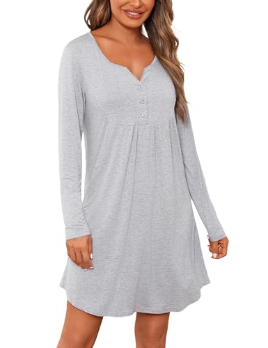 Jahetuul Nachthemd Damen Langarm Nachtwäsche warm Schlafshirt Baumwolle lang Negligee Stillnachthemd mit Knopfleiste locker Schlafkleid Nachthemden von Jahetuul