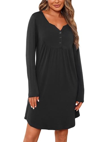 Jahetuul Nachthemd Damen Langarm Nachtwäsche warm Schlafshirt Baumwolle lang Negligee Stillnachthemd mit Knopfleiste locker Schlafkleid Nachthemden von Jahetuul
