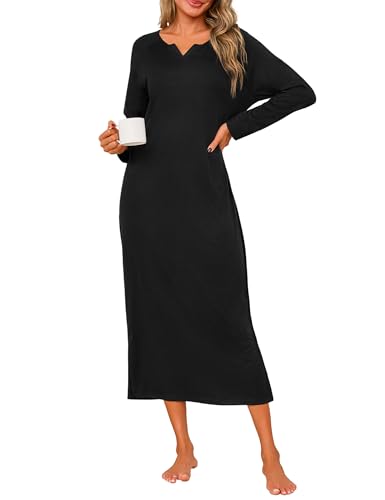 Jahetuul Nachthemd Damen Langarm Schlafshirt Frauen lang V-Ausschnitt Nachthemden für Damen Baumwolle Nachtwäsche Sleepshirt Nachtkleid Hauskleid von Jahetuul