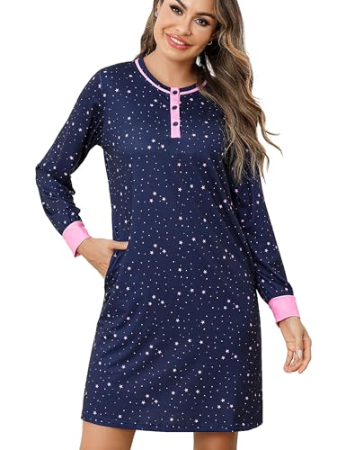Jahetuul Nachthemd Damen Langarm Schlafshirt Mädchen lang Schlafkleid Schlafanzugoberteile Damen Nachtkleid Nachthemden mit Taschen lässig Hauskleid von Jahetuul