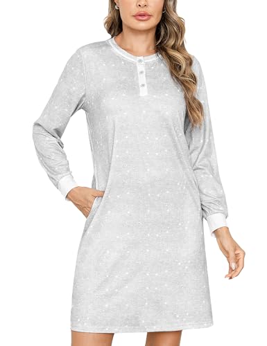 Jahetuul Nachthemd Damen Langarm Schlafshirt Mädchen lang Schlafkleid Schlafanzugoberteile Damen Nachtkleid Nachthemden mit Taschen lässig Hauskleid von Jahetuul
