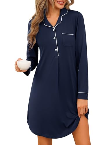 Jahetuul Nachthemd Damen Schlafshirt Langarm V-Ausschnitt Nachthemden für Damen Baumwolle Nachtwäsche Sleepshirt Nachtkleid mit Knopfleiste von Jahetuul