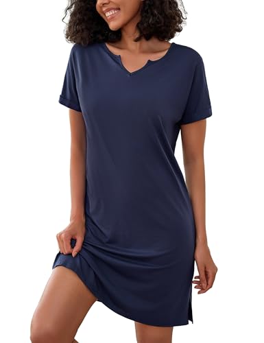 Jahetuul Nachthemd Damen V-Ausschnitt Baumwolle Schlafshirt Kurzarm Sommer Schlafkleid locker Nachtwäsche Weiches Nachthemden für Damen Negligee von Jahetuul