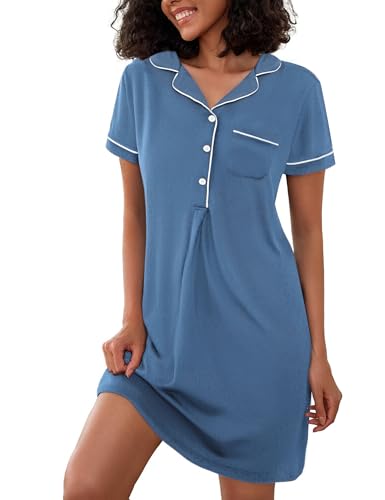 Jahetuul Nachthemden für Damen Sommer Schlafkleid Baumwolle Negligee Nachtwäsche Schlafshirt mit V-Ausschnitt Bequeme Loungewear Schlafhemd von Jahetuul