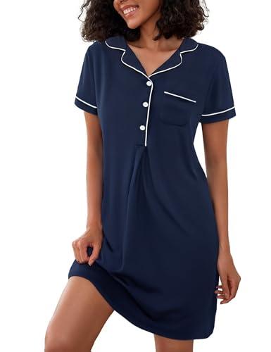 Jahetuul Nachthemden für Damen Sommer Schlafkleid Baumwolle Negligee Nachtwäsche Schlafshirt mit V-Ausschnitt Bequeme Loungewear Schlafhemd von Jahetuul