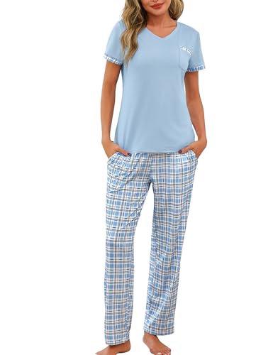 Jahetuul Pyjama Damen Baumwolle V-Ausschnitt Schlafanzüge Sommer Zweiteiler Pyjamahose lang Hausanzug kurzärmeliges Oberteil Lange Hose Karomuster von Jahetuul