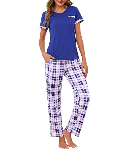 Jahetuul Pyjama Damen Baumwolle V-Ausschnitt Schlafanzüge Sommer Zweiteiler Pyjamahose lang Hausanzug kurzärmeliges Oberteil Lange Hose Karomuster von Jahetuul
