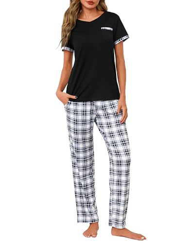 Jahetuul Pyjama Damen Baumwolle V-Ausschnitt Schlafanzüge Sommer Zweiteiler Pyjamahose lang Hausanzug kurzärmeliges Oberteil Lange Hose Karomuster von Jahetuul