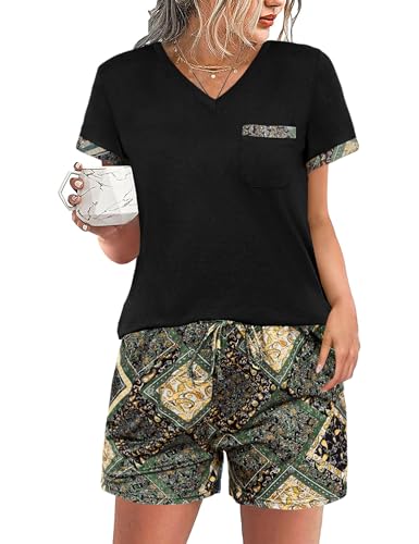 Jahetuul Pyjama Damen kurz V-Ausschnitt Schlafanzüge Baumwolle Zweiteiler Nachtwäsche Studentin Pyjama Shorts lustig Shorty Pyjamahose Hausanzug von Jahetuul