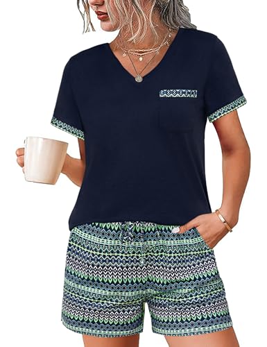Jahetuul Pyjama Damen kurz V-Ausschnitt Schlafanzüge Baumwolle Zweiteiler Nachtwäsche Studentin Pyjama Shorts lustig Shorty Pyjamahose Hausanzug von Jahetuul