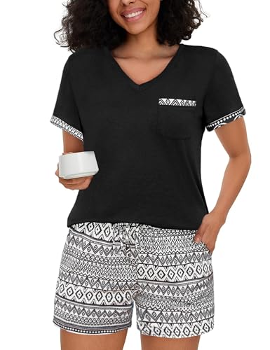 Jahetuul Pyjama Damen kurz V-Ausschnitt Schlafanzüge Baumwolle Zweiteiler Nachtwäsche Studentin Pyjama Shorts lustig Shorty Pyjamahose Hausanzug von Jahetuul