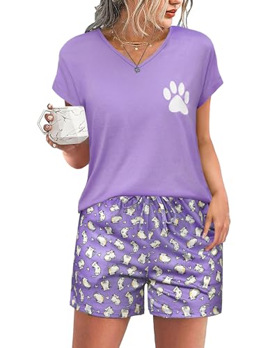 Jahetuul Pyjama Damen kurz mit Katzenmotiv Shorty Pyjama Damen Sommer Baumwolle mit V-Ausschnitt Schlafanzug Damen mit verstellbarem Kordelzug in der Taille Zweiteiler Schlafanzug Damen von Jahetuul