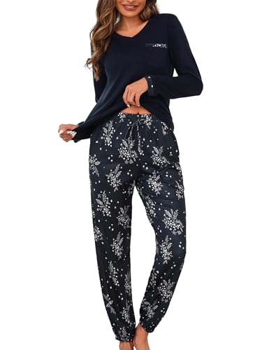 Jahetuul Schlafanzug Damen Langarm Pyjama Baumwolle lang Nachtwäsche Pyjamas Set Baumwolle Lounge Set Schlafanzüge für Damen Pyjamahose mit Bündchen von Jahetuul