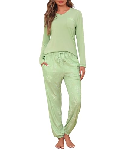Jahetuul Schlafanzug Damen Langarm Pyjama Baumwolle lang Nachtwäsche Pyjamas Set Baumwolle Lounge Set Schlafanzüge für Damen Pyjamahose mit Bündchen von Jahetuul