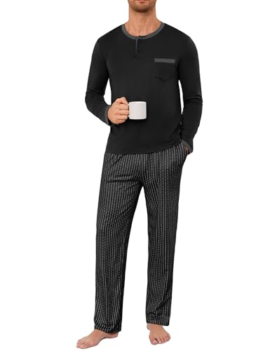 Jahetuul Pyjama Herren Baumwolle Rundhals Pyjamahosen Schlafanzüge Herren Langarm Schlafanzug Männer Schlafanzughose lang Zweiteiler elegant Lounge von Jahetuul