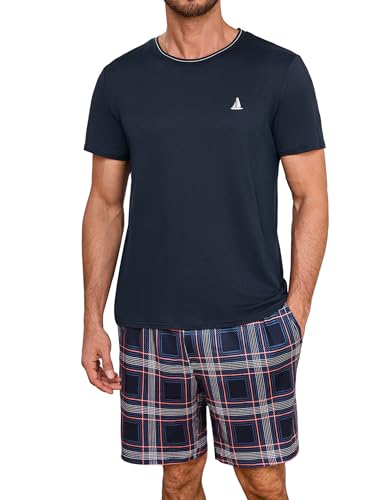 Jahetuul Pyjama Herren kurz Schlafanzug Jungen Rundhals Schlafanzugoberteil Schlafanzughose Zweiteiliger Shorty Pyjama Hausanzug Loungewear Baumwolle von Jahetuul