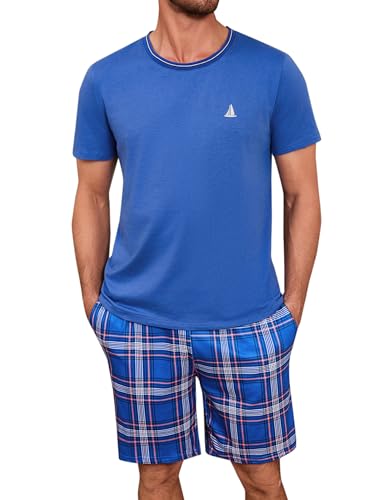 Jahetuul Pyjama Herren kurz Schlafanzug Jungen Rundhals Schlafanzugoberteil Schlafanzughose Zweiteiliger Shorty Pyjama Hausanzug Loungewear Baumwolle von Jahetuul