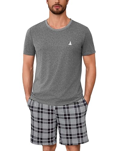 Jahetuul Pyjama Herren kurz Schlafanzug Jungen Rundhals Schlafanzugoberteil Schlafanzughose Zweiteiliger Shorty Pyjama Hausanzug Loungewear Baumwolle von Jahetuul