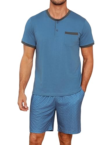 Jahetuul Pyjama Herren kurz Schlafanzug Männer Schlafanzugoberteil Schlafanzughose kurz Zweiteiliger Shorty Pyjama Hausanzug Loungewear Baumwolle von Jahetuul