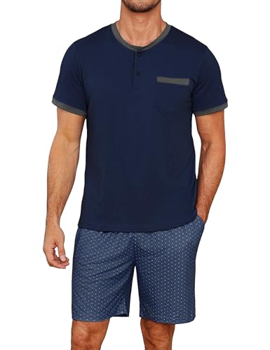 Jahetuul Pyjama Herren kurz Schlafanzug Männer Schlafanzugoberteil Schlafanzughose kurz Zweiteiliger Shorty Pyjama Hausanzug Loungewear Baumwolle von Jahetuul