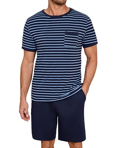 Jahetuul Schlafanzüge für Herren mit Kontraststreifen Design Schlafanzug Herren Pyjama Set aus Baumwolle Sommer mit Rundhalsausschnitt Nachtwäsche Set Männer von Jahetuul