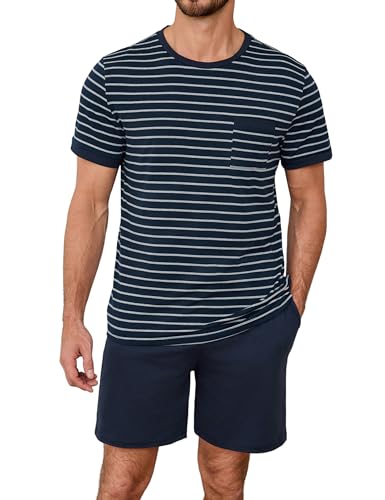 Jahetuul Schlafanzüge für Herren mit Kontraststreifen Design Schlafanzug Herren Pyjama Set aus Baumwolle Sommer mit Rundhalsausschnitt Nachtwäsche Set Männer von Jahetuul