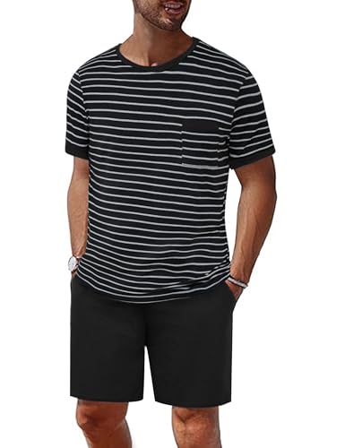 Jahetuul Schlafanzüge für Herren mit Kontraststreifen Design Schlafanzug Herren Pyjama Set aus Baumwolle Sommer mit Rundhalsausschnitt Nachtwäsche Set Männer von Jahetuul