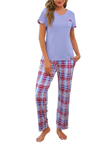 Jahetuul Schlafanzug Damen Kurzarm Karierte Schlafhose lang Pyjama Damen Sommer Schlafanzüge für Damen Nachtwäsche Frauen Pijamas von Jahetuul