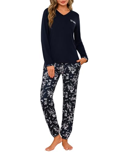 Jahetuul Schlafanzug Damen Langarm Pyjama Baumwolle lang Nachtwäsche Pyjamas Set Baumwolle Lounge Schlafanzüge Pyjamahose mit Bündchen von Jahetuul