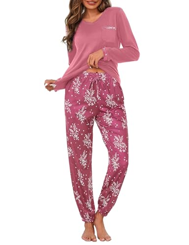 Jahetuul Schlafanzug Damen Langarm Pyjama Baumwolle lang Nachtwäsche Pyjamas Set Baumwolle Lounge Schlafanzüge Pyjamahose mit Bündchen von Jahetuul
