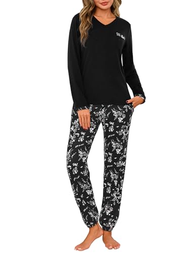 Jahetuul Schlafanzug Damen Langarm Pyjama Baumwolle lang Nachtwäsche Pyjamas Set Baumwolle Lounge Schlafanzüge Pyjamahose mit Bündchen von Jahetuul