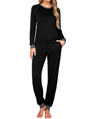 Jahetuul Schlafanzug Damen Pyjama lang Schlafanzüge für Damen Nachtwäsche Pyjamas Baumwolle Loungewear Set Schlafbekleidung Pyjamahose mit Bündchen von Jahetuul