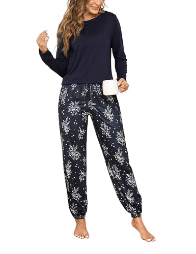 Jahetuul Schlafanzug Damen Pyjama lang Schlafanzüge für Damen Nachtwäsche Pyjamas Set Baumwolle Lounge Set Schlafbekleidung Pyjamahose mit Bündchen von Jahetuul