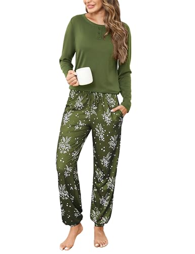 Jahetuul Schlafanzug Damen Pyjama lang Schlafanzüge für Damen Nachtwäsche Pyjamas Set Baumwolle Lounge Set Schlafbekleidung Pyjamahose mit Bündchen von Jahetuul