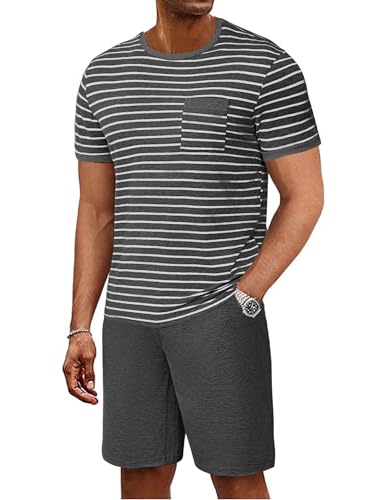 Jahetuul Schlafanzug Herren Kurz aus Baumwolle Sommer mit Kontraststreifen Design Pyjama Herren mit Rundhalsausschnitt Pyjama Herren Kurz für Vater und Partner von Jahetuul