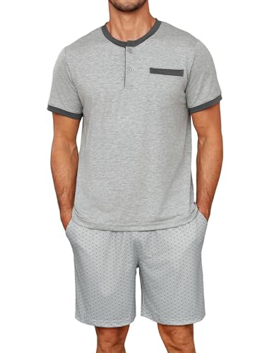 Jahetuul Schlafanzug Herren kurz Pyjama Herren Sommer Rundhals Schlafanzüge für Herren Knopf Pyjamashort Jungen Nachtwäsche Männer Kurzarm Punktmuster von Jahetuul