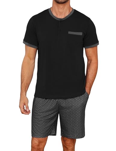Jahetuul Herren Schlafanzug Kurz Pyjama Sommer Rundhals Schlafanzüge für Herren Knopf Pyjamashort Jungen Nachtwäsche Männer Kurzarm Punktmuster Schwarz XL von Jahetuul
