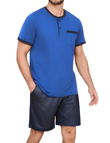 Jahetuul Schlafanzug Herren kurz Pyjama Sommer Rundhals Knöpfen Schlafanzüge für Herren Pyjamashort Jungen Nachtwäsche Männer Schlafhose Shorty von Jahetuul