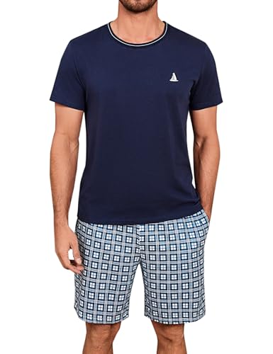 Jahetuul Schlafanzug Herren kurz Schlafhose Karomuster Pyjama Herren Sommer Rundhals Schlafanzüge für Herren Pyjamashort Jungen Nachtwäsche Männer von Jahetuul