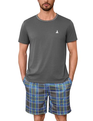 Jahetuul Schlafanzug Herren kurz Schlafhose Karomuster Pyjama Herren Sommer Rundhals Schlafanzüge für Herren Pyjamashort Jungen Nachtwäsche Männer von Jahetuul