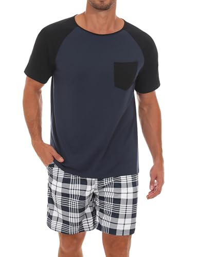 Jahetuul Schlafanzug Herren kurz kariert Pyjama Männer Nachtwäsche Set Zweiteilige Schlafanzüge Sommer Shorty Pyjama Jungen Karierte Schlafanzughose von Jahetuul