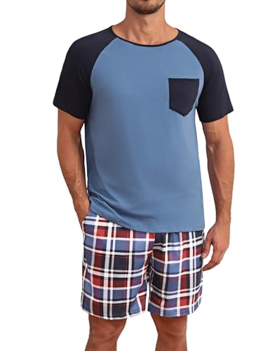 Jahetuul Schlafanzug Herren kurz kariert Pyjama Männer Nachtwäsche Set Zweiteilige Schlafanzüge Sommer Shorty Pyjama Jungen Karierte Schlafanzughose von Jahetuul